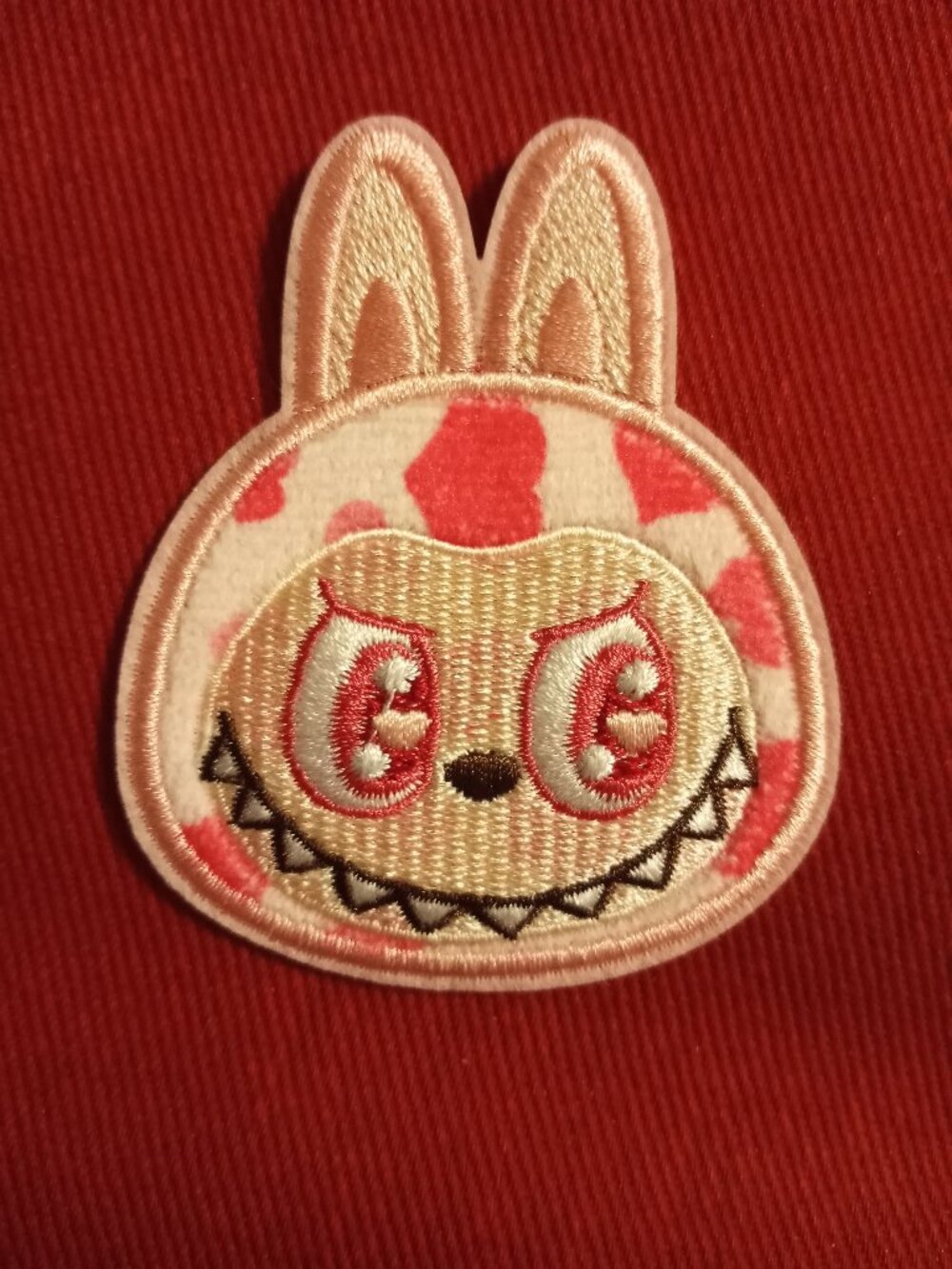 pink and white labubu stick on embroidered patch applique